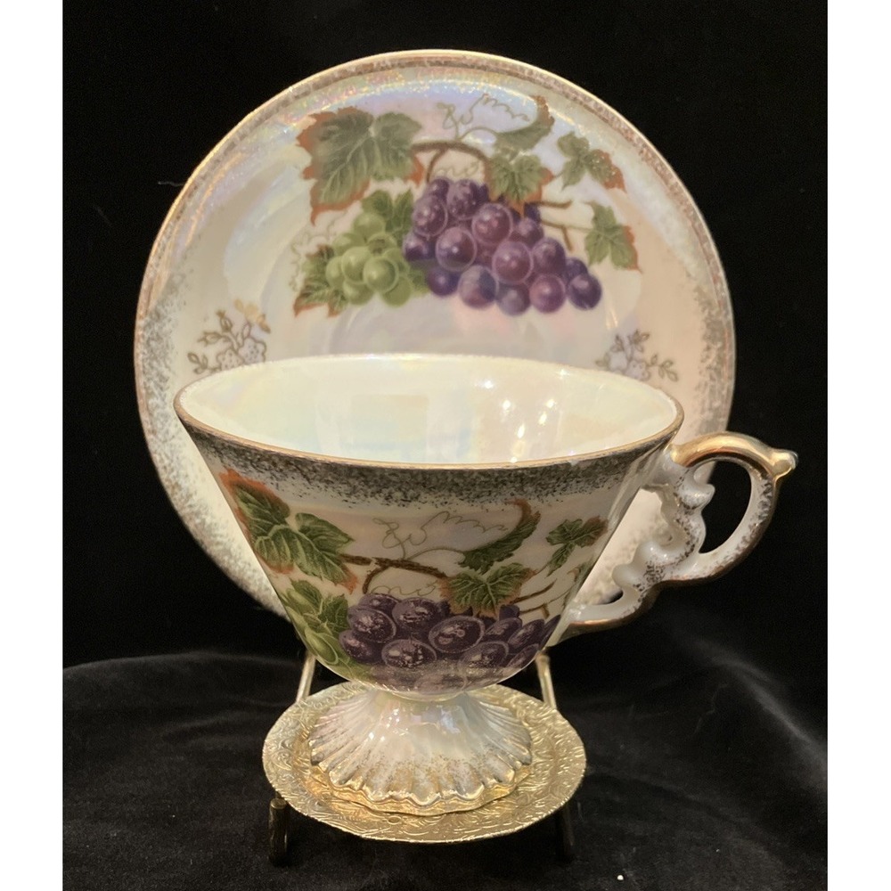 Wales Japan Footed Lusterware Iridescent Porcelain Tea Cup & Saucer w/Stand VTG